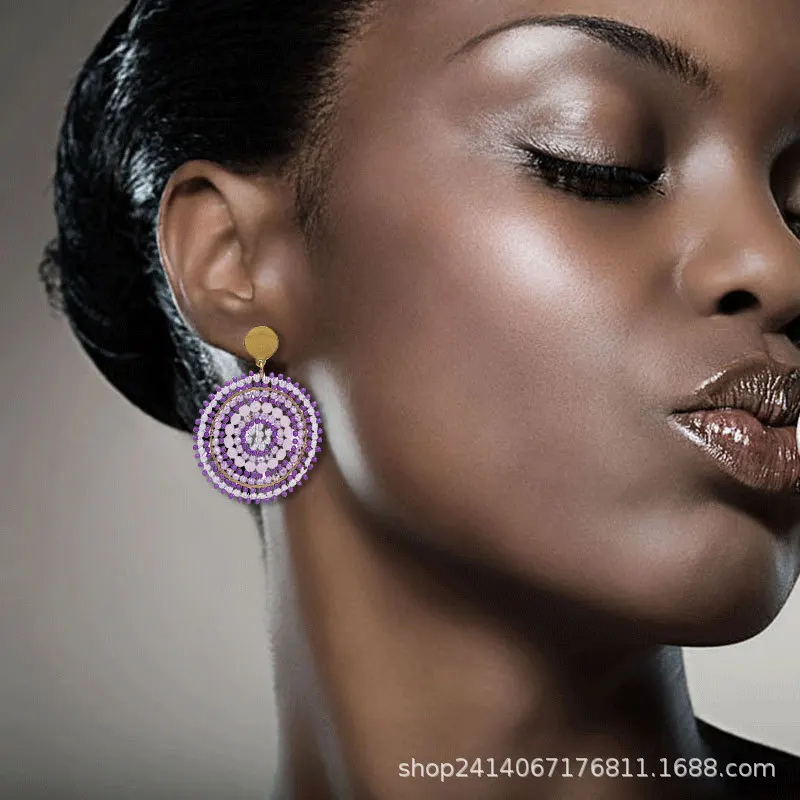 Rice bead earrings Roundness Originality Crystal Fashion Simple Bohemia Hand knitting Alloy Beaded earrings image 3