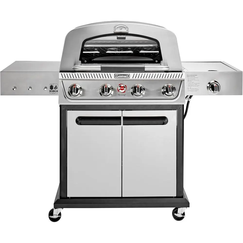 

4-Burner 3-in-1 Stainless Steel Gas Grill with Tile, Griddle, Pizza Oven, and Integrated Storage - Ideal for BBQs and Outdoor Co