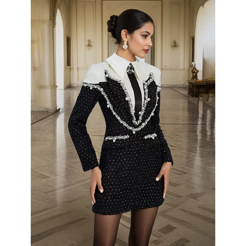 

Celebrity Dress 2025 Shirt Style Heavy Beading Sequines Lapel Long Sleeves Short Sexy Formal Party Tweed Dress For Women