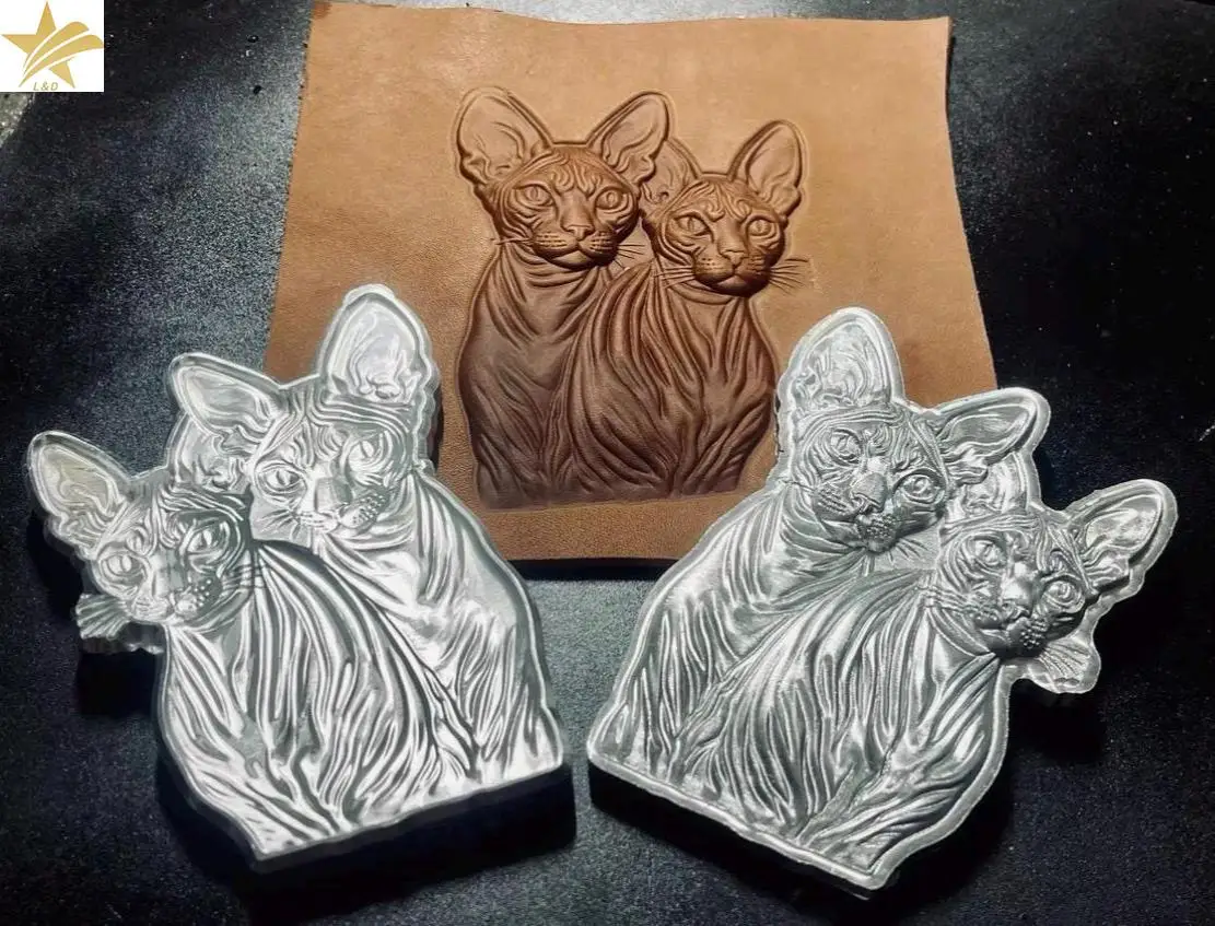 3D Two Sphynx Cat Leather Embossing Stamp Aluminum Alloy Die Leather Craft Carving Press Mold for DIY Bag Journal Cover Decor