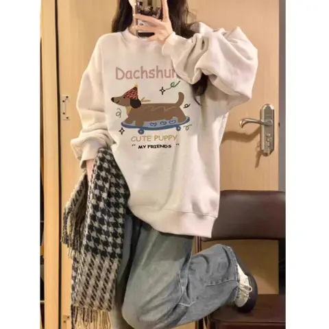 Korean Dachshund Print Plush Sweatshirt Women Autumn Winter 2025New Oversize O-Neck Loose Pullover Hoodie Y2K Top kawaii clothes