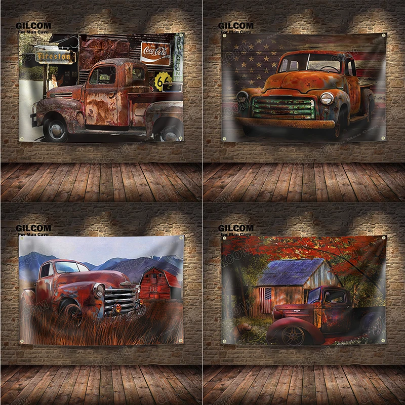 Classic Truck  Retro Banner Flag Route 66 Poster Wall Art  AD Vintage Sign Dark Gothic Motor Car Man Cave Garage Pub Club Bar