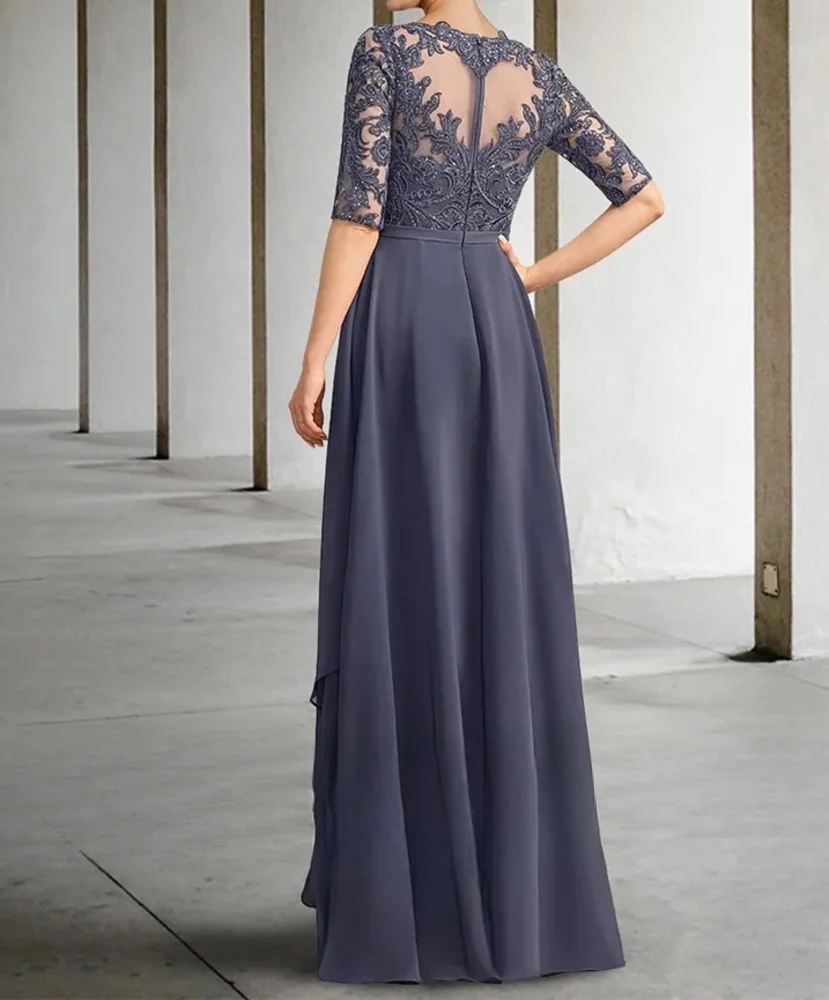 A-Line Floor Length Chiffon Mother of the Bride Dress Neck Formal Wedding Guest Elegant Scoop Lace Half Sleeve with Sequin