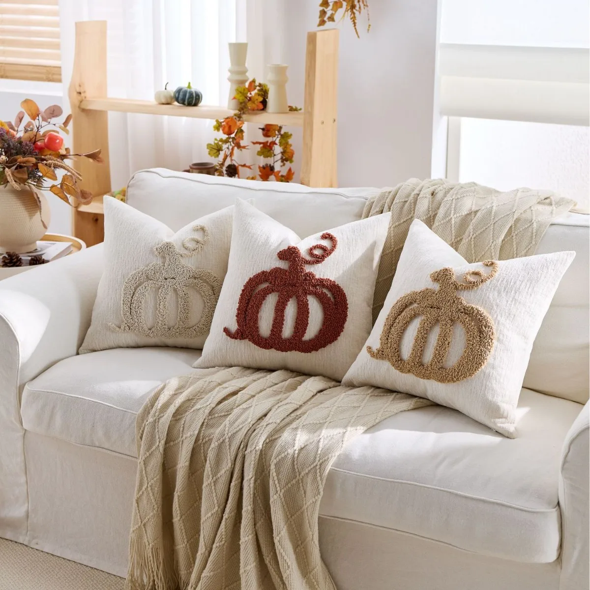 

Nordic Pumpkin Embroidery Pillow Cover | Luxury Velvet Thanksgiving Fall Decor for Sofa Bed | Easter Home Decorative Cushion