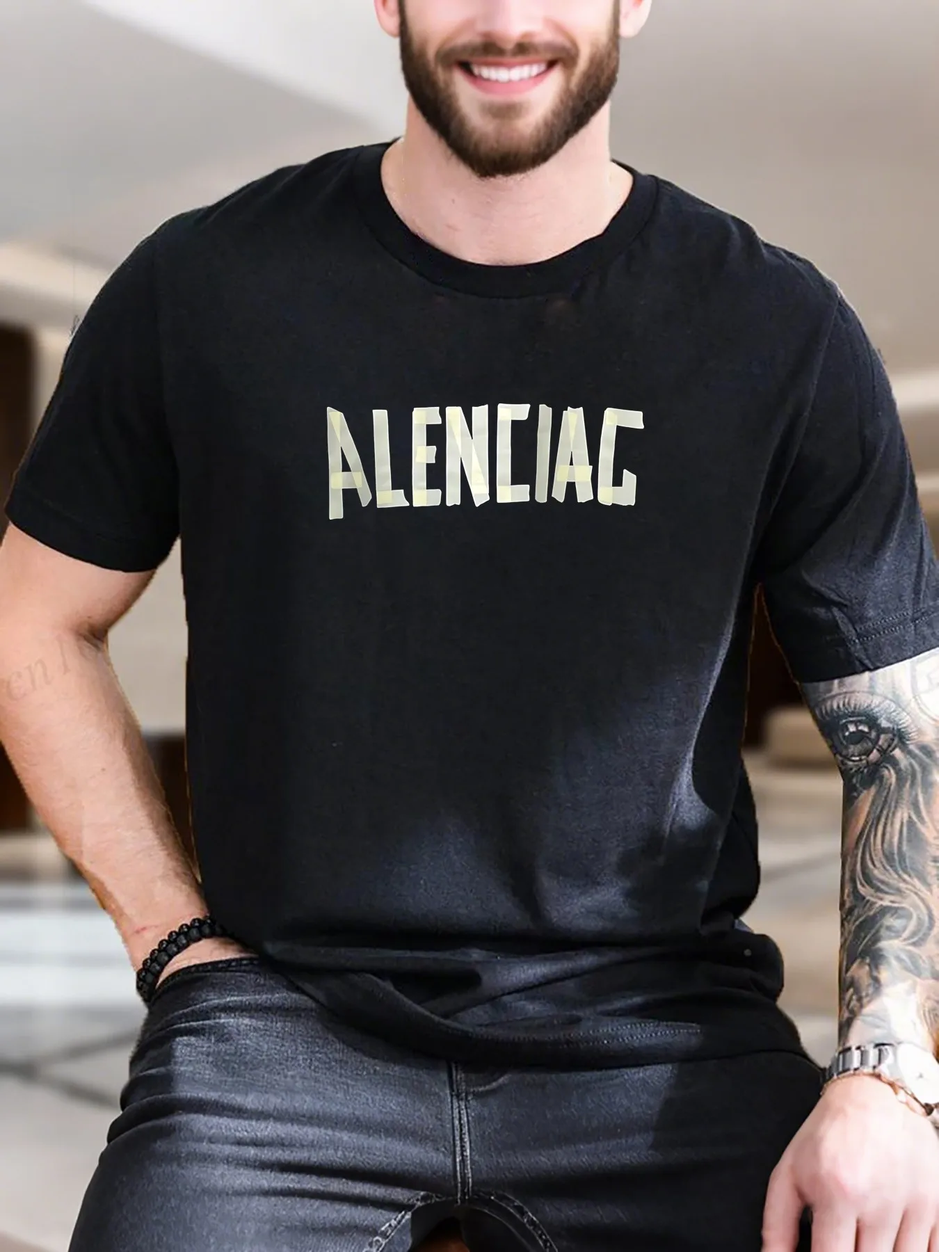 

New Arrival Fashion Men's Graphic Print Short Sleeve T-Shirt 100% Cotton Comfortable Breathable Trendy Tape Letter Design Casual