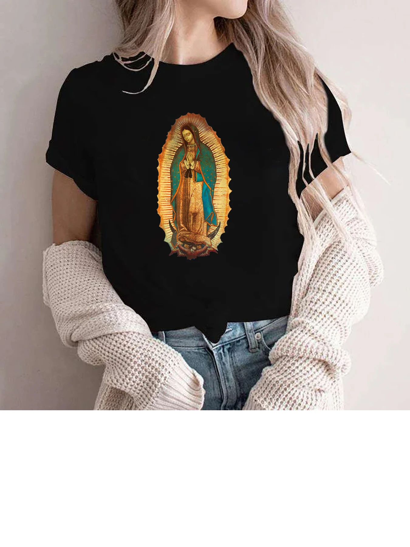 Lady of Guadalupe Virgin Mary Catholic Women\'s Casual Short Sleeve Printed Summer T-Shirt Oversized T Shirt