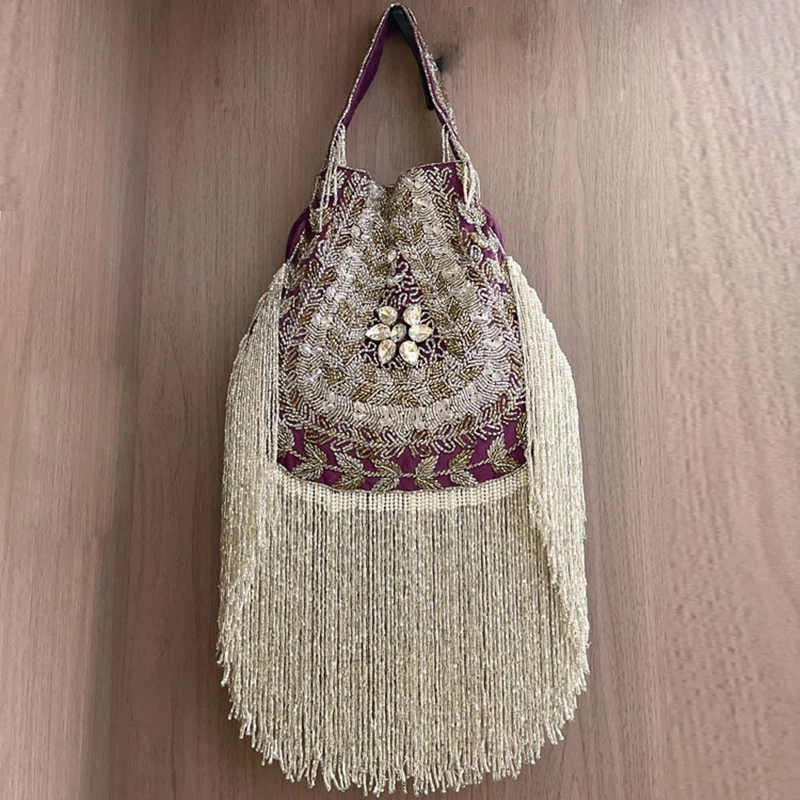 DOYUTIG Brand Indian Handmade Beaded Handbag Leaf Drawstring Blessing Bag Embroidery Long Tassels Wedding Party Evening Bag N034
