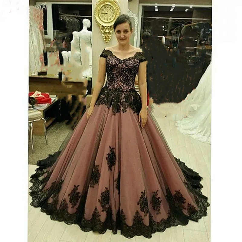 Dusty Pink And Black Gothic Wedding Dress Lace Details A Line Long Bridal Gowns Customized