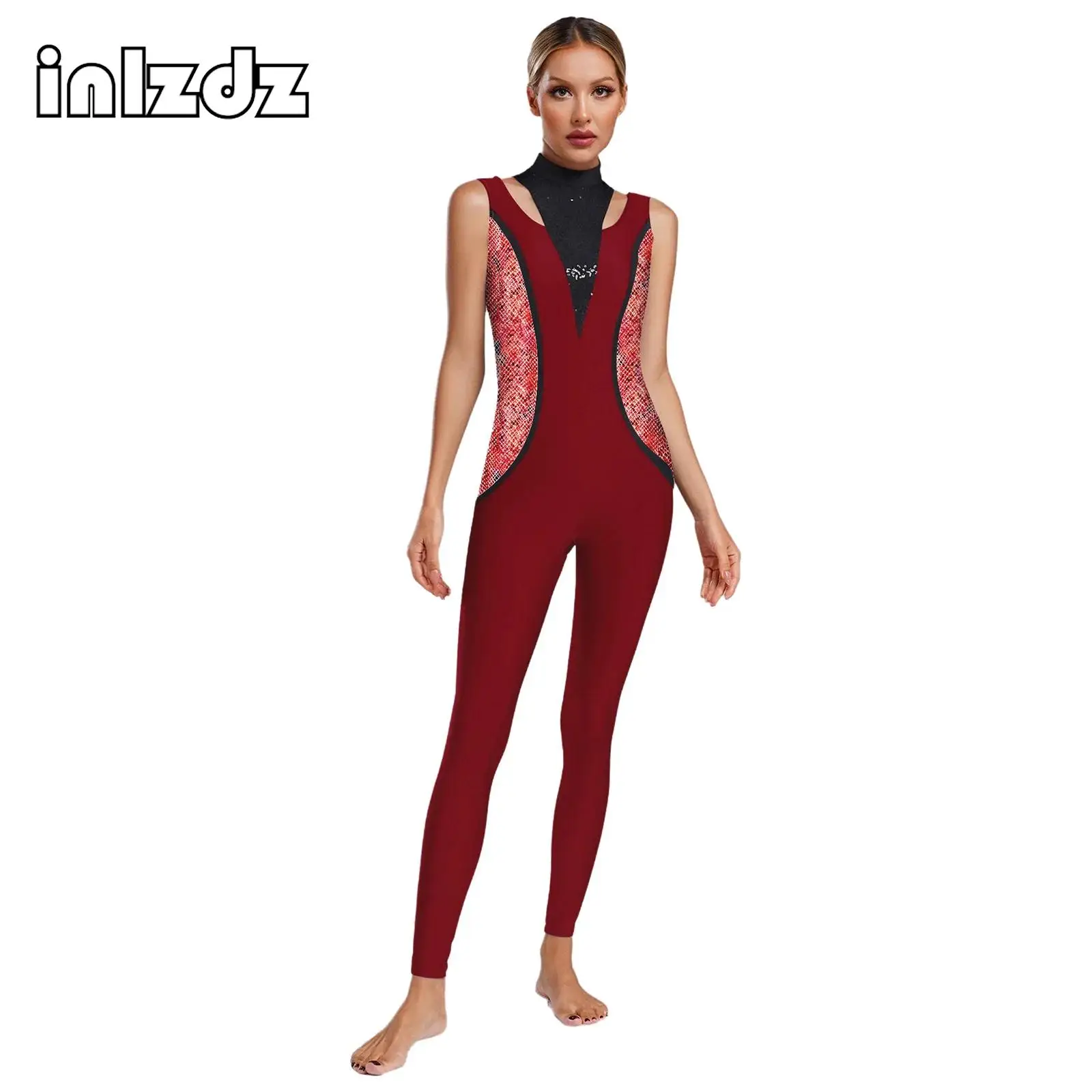 

Womens Gymnastics Snakeskin Pattern Print Jumpsuit Sleeveless Shoulder Hollow Out Sparkly Sequin Long Pants Bodysuit Unitard