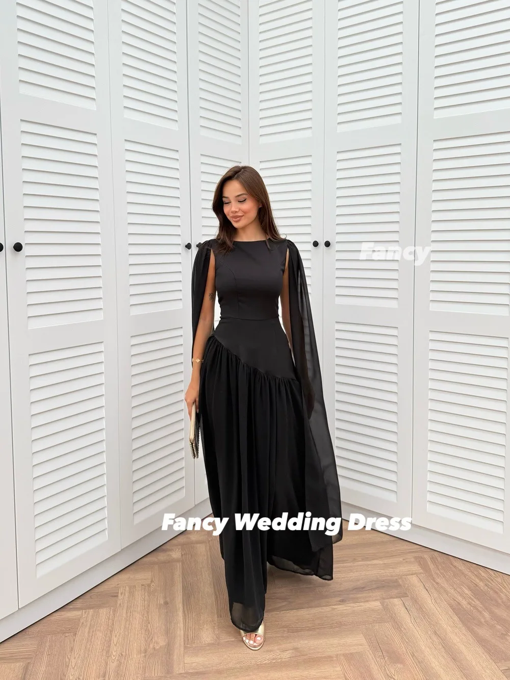 Robe de soirée fantaisie et gracieuse, col rond, ligne A, en Satin élastique, robe de bal, arabie saoudite, avec Long châle, fermeture éclair au dos, personnalisée