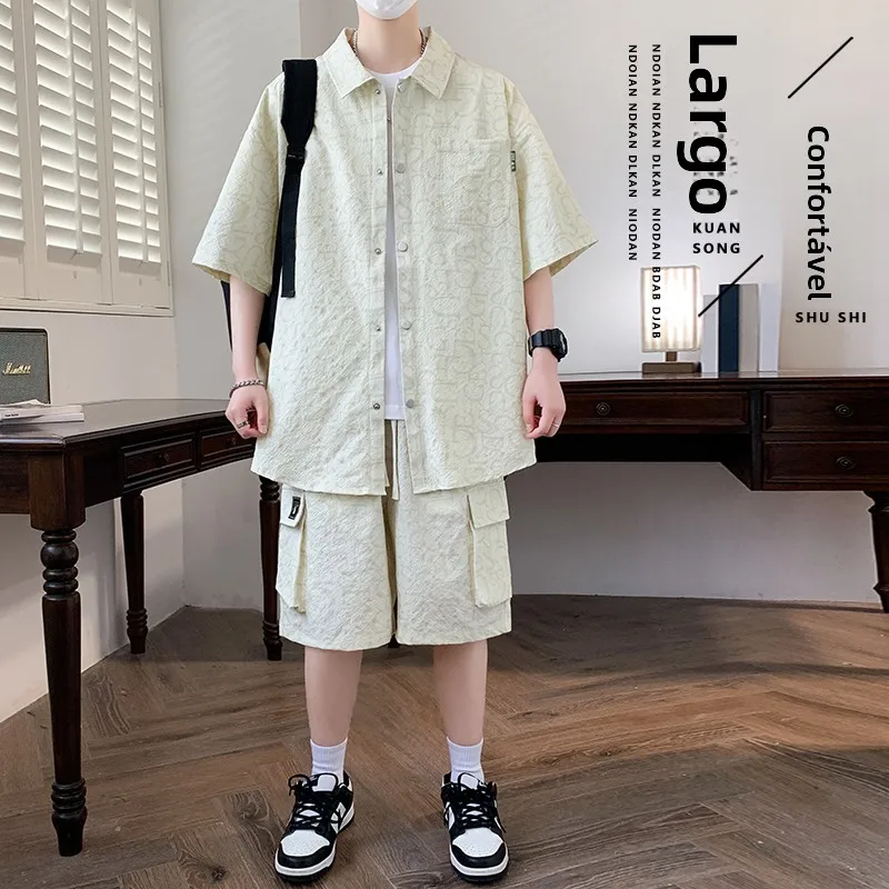 lightweight-breathable-ice-feeling-short-sleeve-casual-shirt-and-workwear-shorts-men's-set-summer-season-polyester-fiber