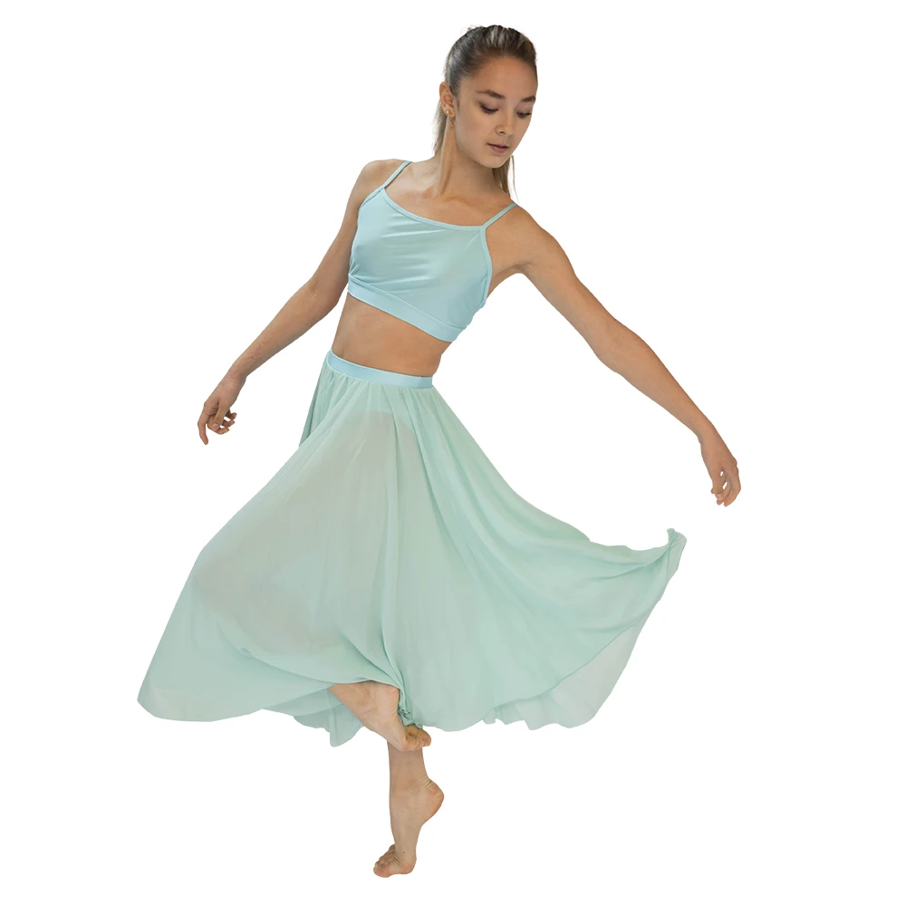 

Light River Blue 2 Piece Lyrical Dance Dress Camisole Crop Top Chiffon Long Skirts Performance Costume Ladies Girls Dancewear