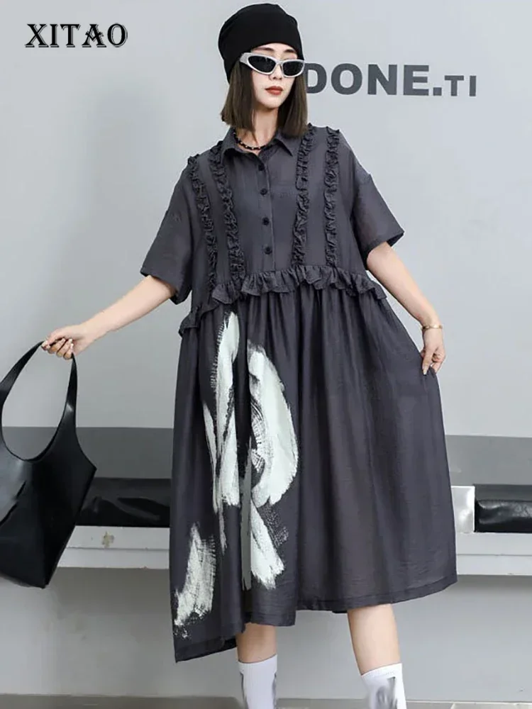 

XITAO Edible Tree Fungus Patchwork Print Dresses Turn-down Collar Single Breasted Pullover Short Sleeve Dress 2025 Summer ZY8782
