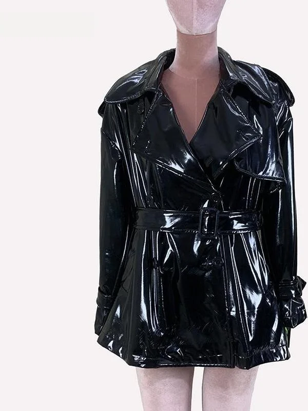 Elegant Black High Gloss Leather Jacket Women's Loose Fit Windbreaker Coat Button Decorated Commute Style PU Leather