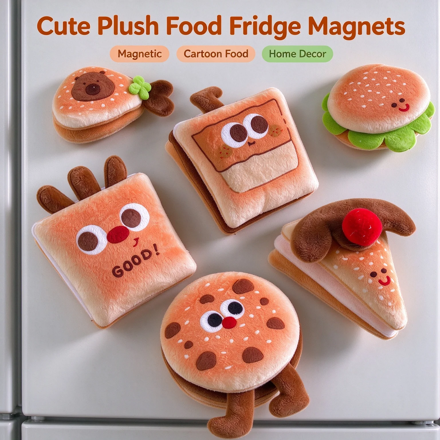 Cute Fluffy Bread Plush Fridge Magnet Cartoon Food Sticker Home Kitchen Decor Creative Doll Ornament
