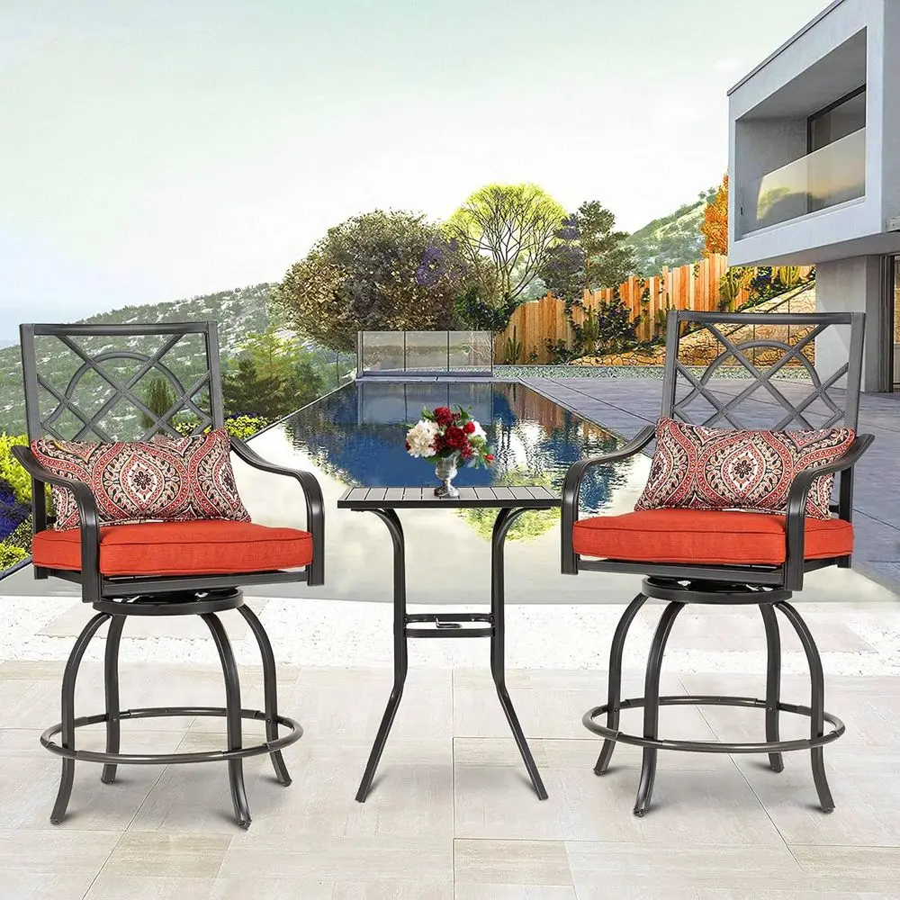 

3-Piece Outdoor Patio Furniture Set: 2 Swivel Cushioned Stools & Slatted Bistro Table