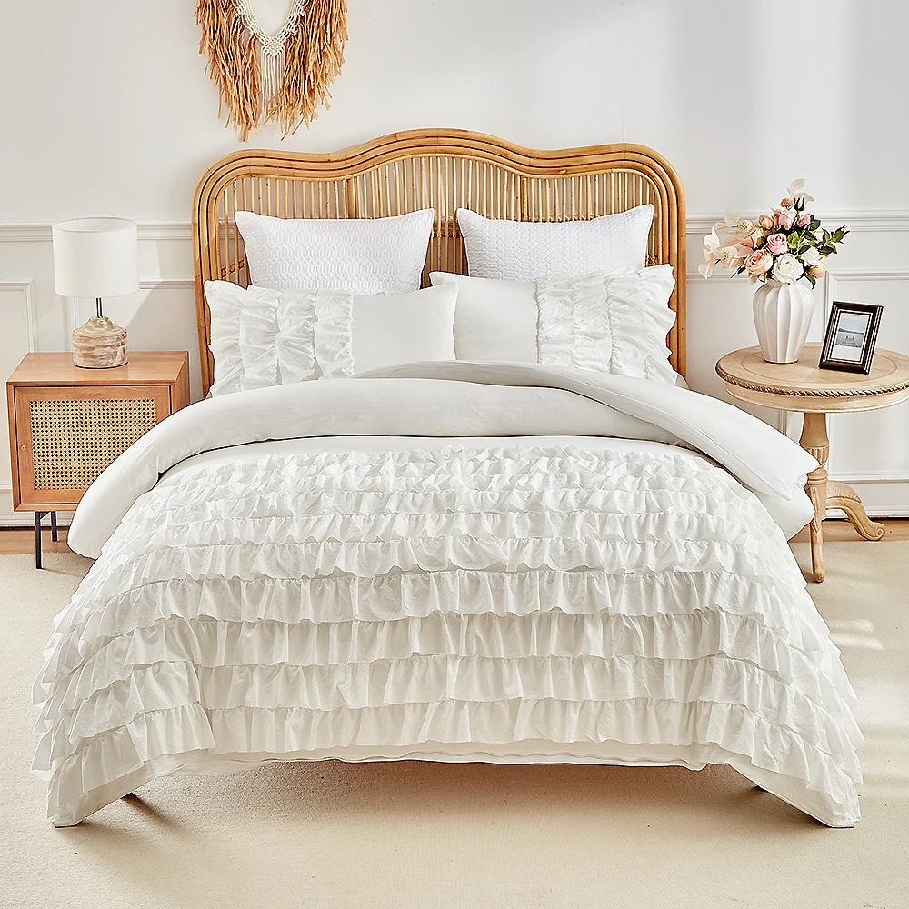Princess Style Duvet Cover Set Simple Solid Color with Ruffles 2/3PCS Bedding for All Seasons Twin Double Queen King Size Bed