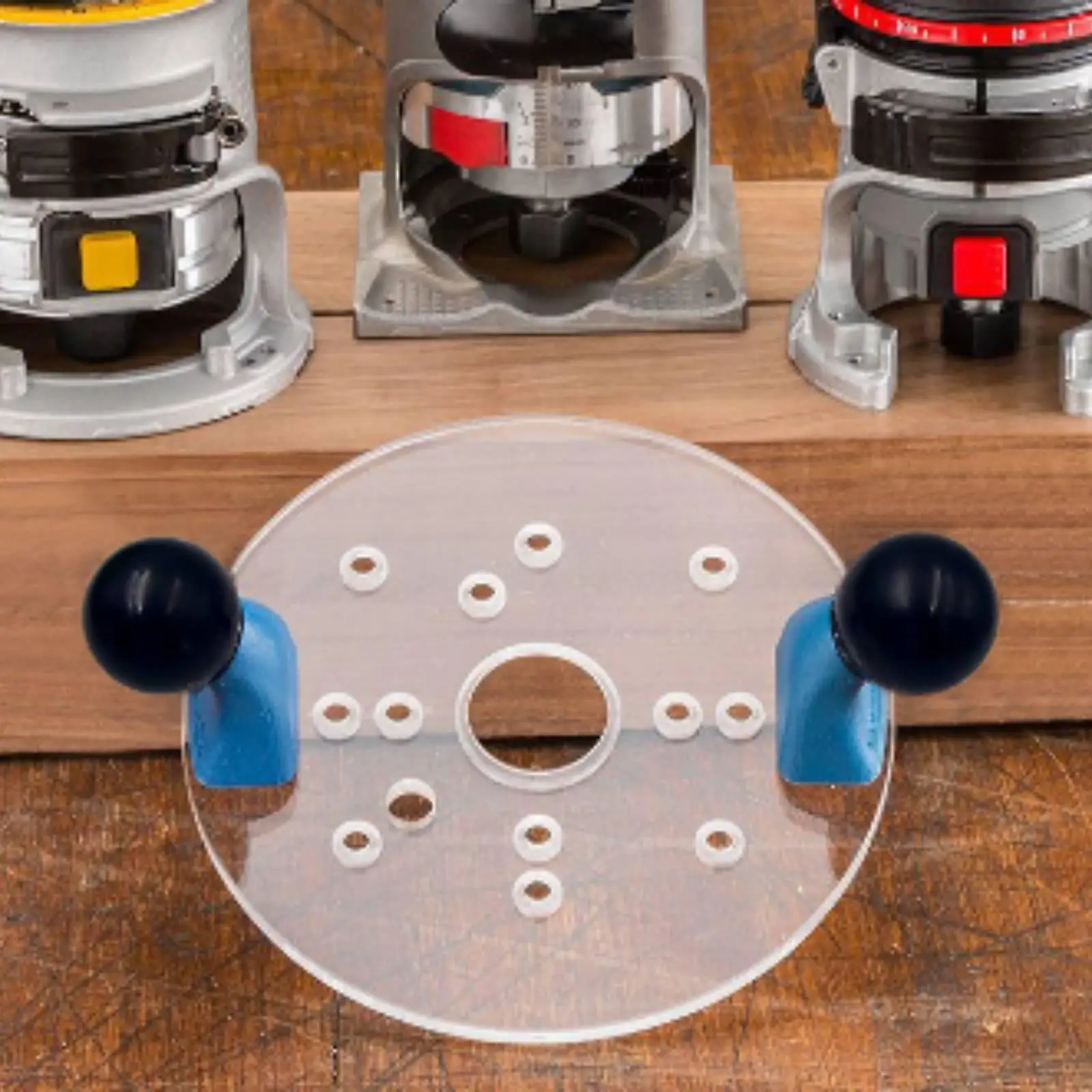 See Through Router Attachment Plate for Furniture Making with Spherical Black Knobs and Durable Acrylic Material