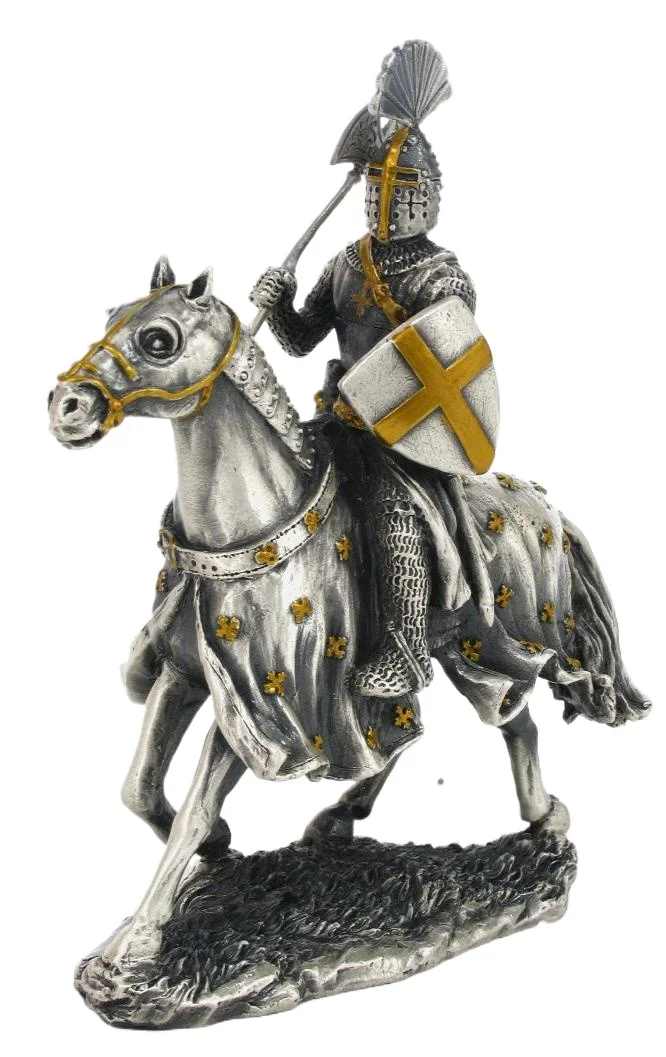 Vintage Alloy Medieval Templar Knight Figurine Silver Tone Gilded Mounted Warrior Statue Desktop Ornament Home Room Decor Gift