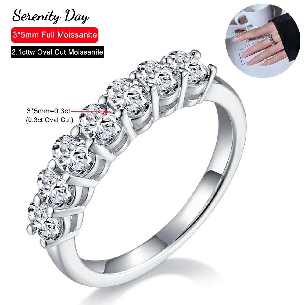 Serenty Day 2.1ctw 7 Stones D Color 3*5mm Oval Cut Full Moissanite Row Rings For Women Wedding S925 Silver Bands Plated 18K Gift