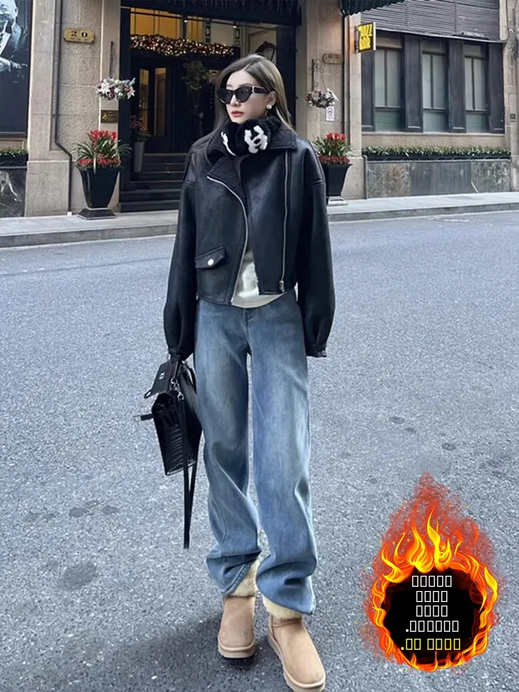 

plus Size Fce Lined Thi Denim Jeans High Waist Loose Straight Leg Floor Length Pants for Women Winter Warm Blue Jeans