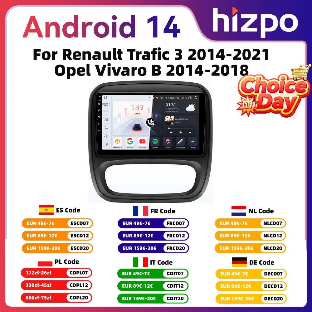 9" Hizpo 2Din CarPlay Android Auto Car Radio for Opel Vivaro B 2014 - 2018 Renault Trafic 2014 - 2021 RDS DSP GPS Navi BT 4G SWC