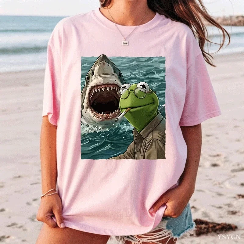 Vintage Frog Kermits Smoking Meme T-Shirt Women Crew Neck Pure Cotton T Shirts Shark Attack Short Sleeve Tee Shirt Clothes Tops