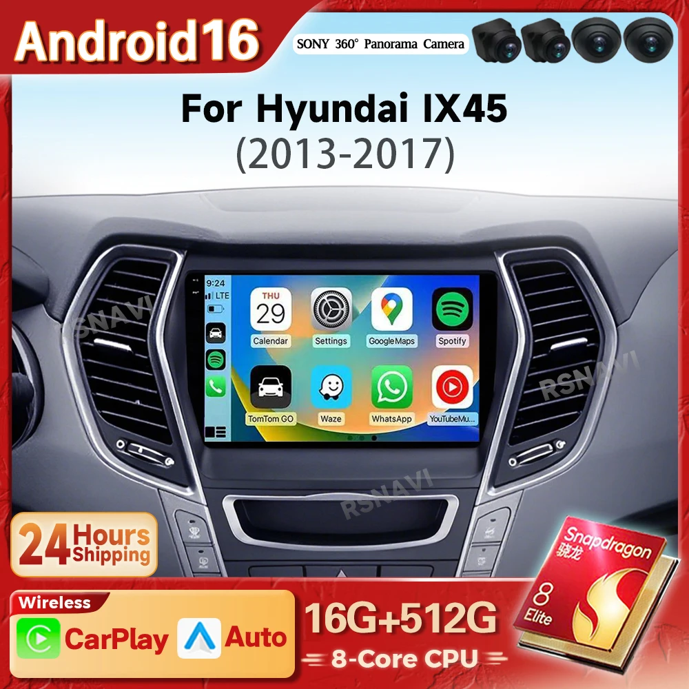 Android 16 Carplay Auto 2K Screen For Hyundai Santa Fe 3 2013 - 2016 Autoradio GPS Stereo Car Radio Multimedia Player Snapdragon
