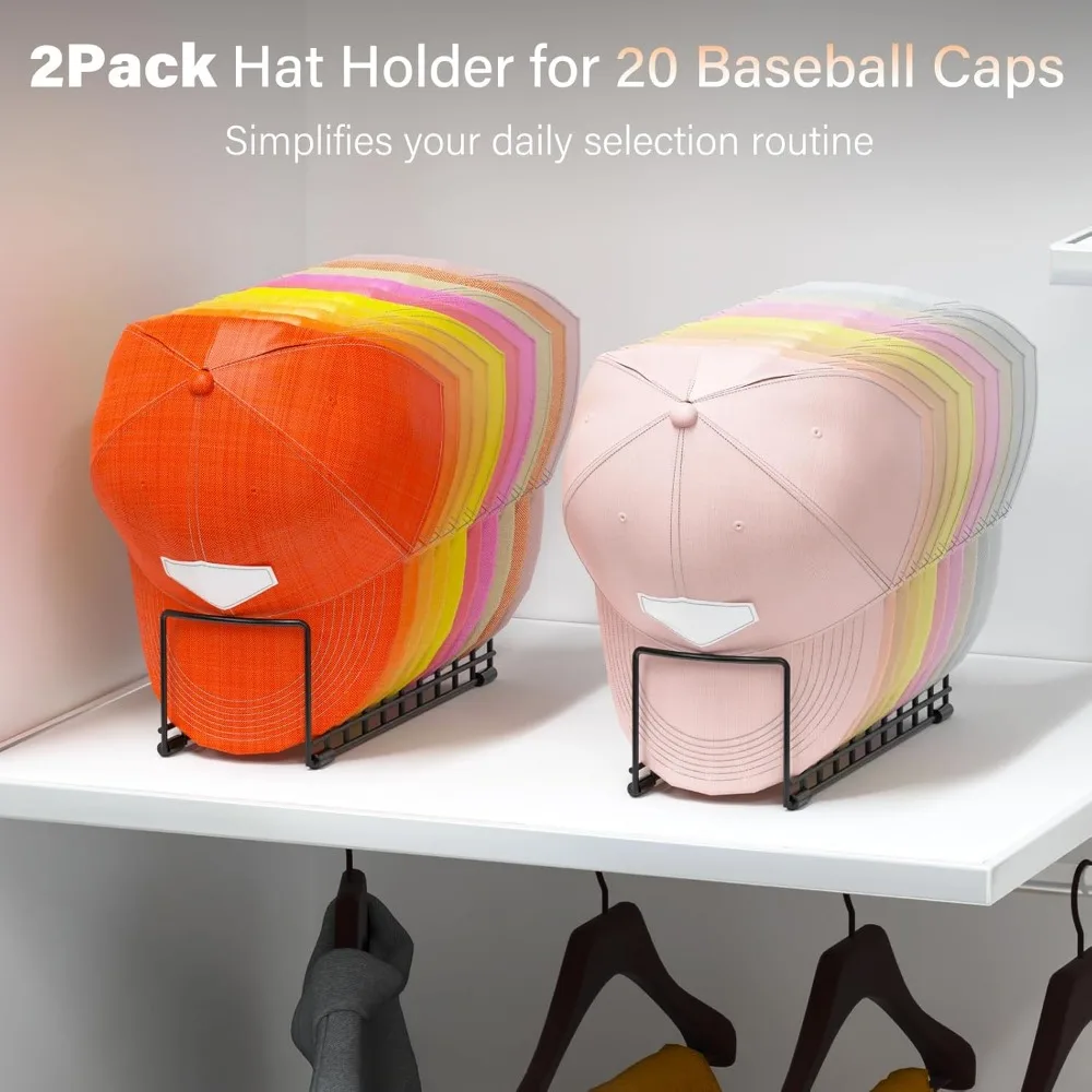 2 Pack Hat Organizer for Baseball Caps, Metal Hat Stand for 20 Baseball Caps, No Install Hat Holder with Silicon Anti-Slip Pad,