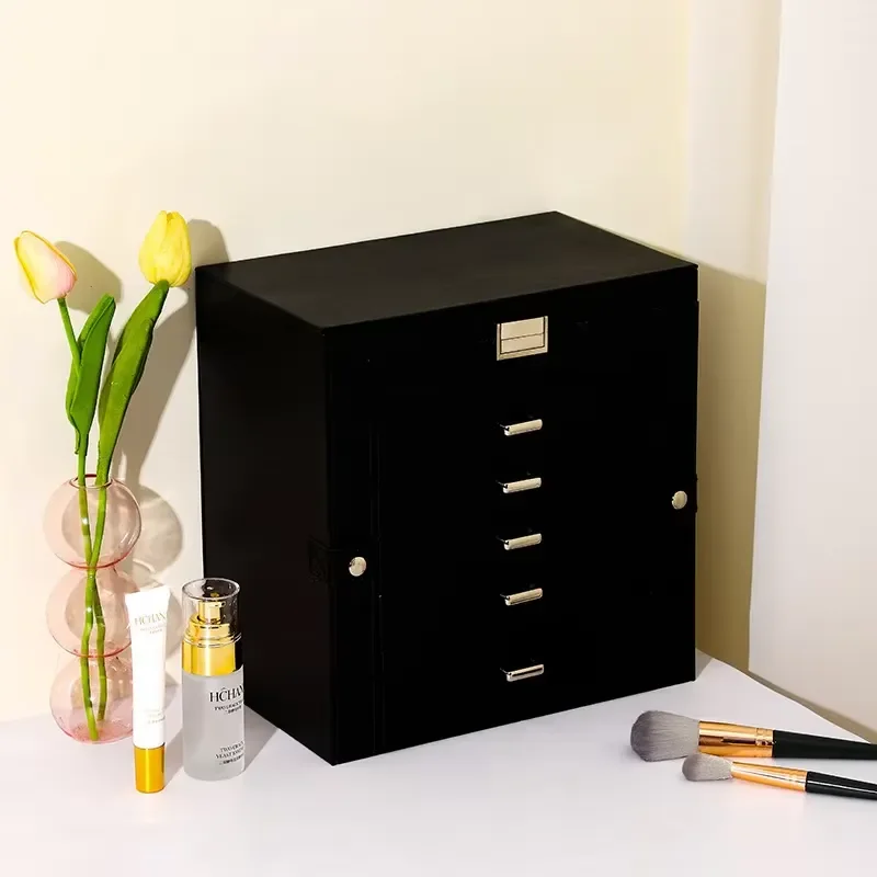 Luxury Black Leather Jewelry Box Double Open Display Case with Mirror Metal Lock Multifunctional Travel Storage Organizer for