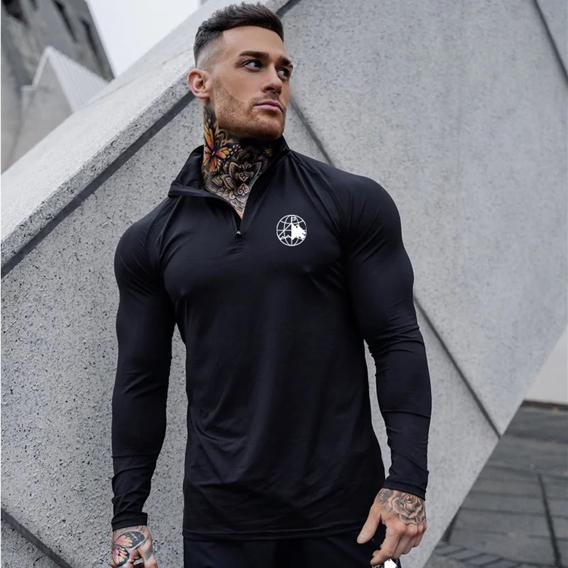 2022 New Men\'s skinny long sleeve T-shirt gym fitness stretch compression fast drying shirt men\'s exercise T-shirt top clothing