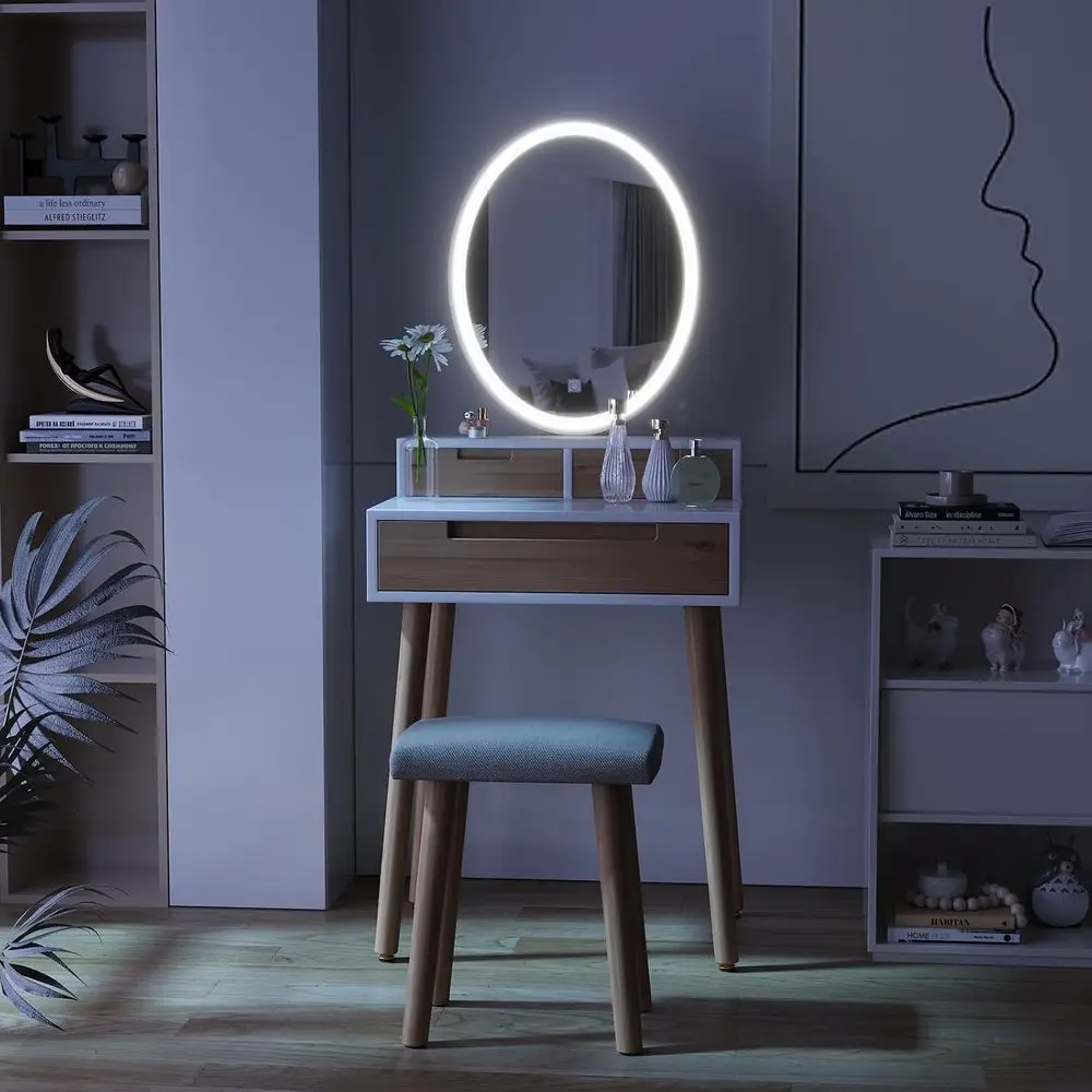 YOURLITE Small Makeup Vanity Desk with Mirror and Lights | Compact Vanity, 3 Lighting es, Adjustable Brightn, 3 Ders, Cushioned view 2