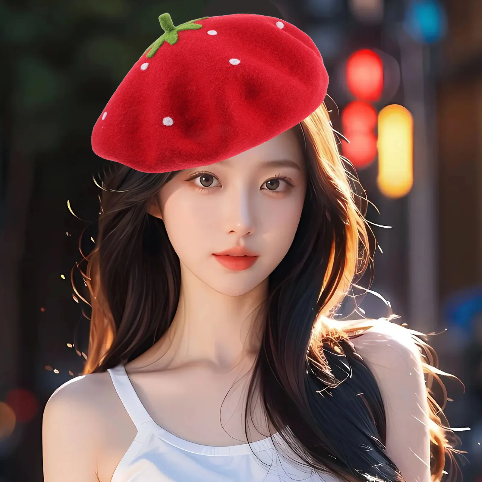 

1pcs Strawberry Beret Hat Women Girls Wool Artist Cap Winter Warm Fruit Hat Cosplay Party Headwear Berets Hats
