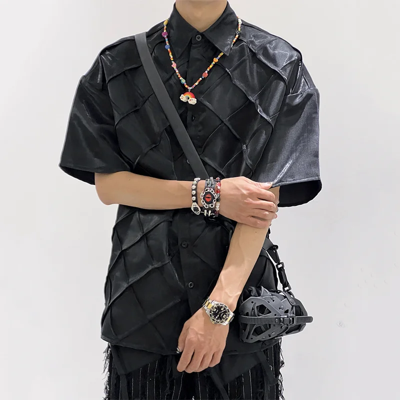 PFHQ Design Niche Black Square Pleated Short Sleeved Shirt Summer Design Loose Fitting 2024 Darkwear Male Tops Fashion 21Z5336