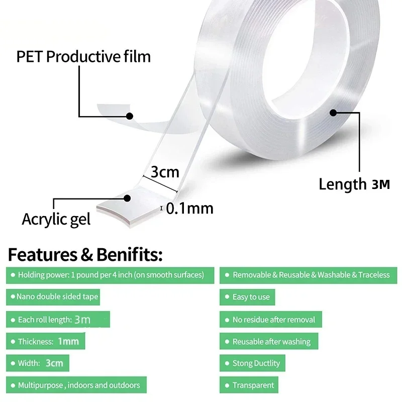 1 Roll Transparent Double Sided Nano Tape, Waterproof Wall Stickers, Reusable Heat Resistant home improvement view 4
