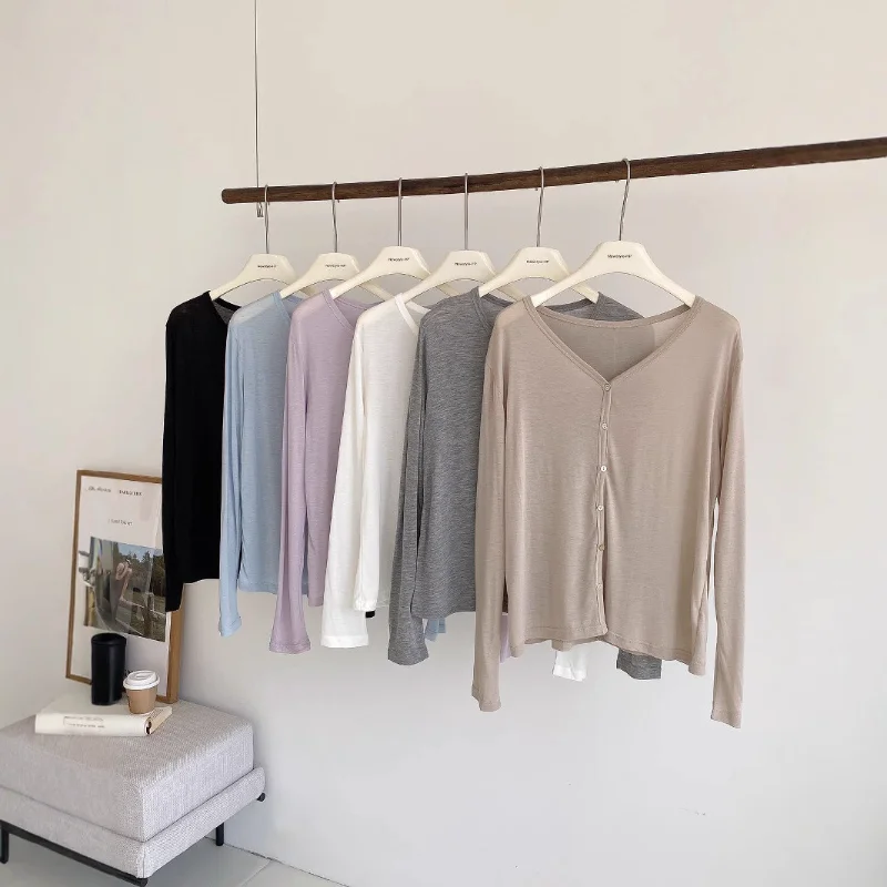 Women V Neck Long Sleeve Cardigan Acetate Thin Sun Protection Air Conditioner Cover Up Top For Summer