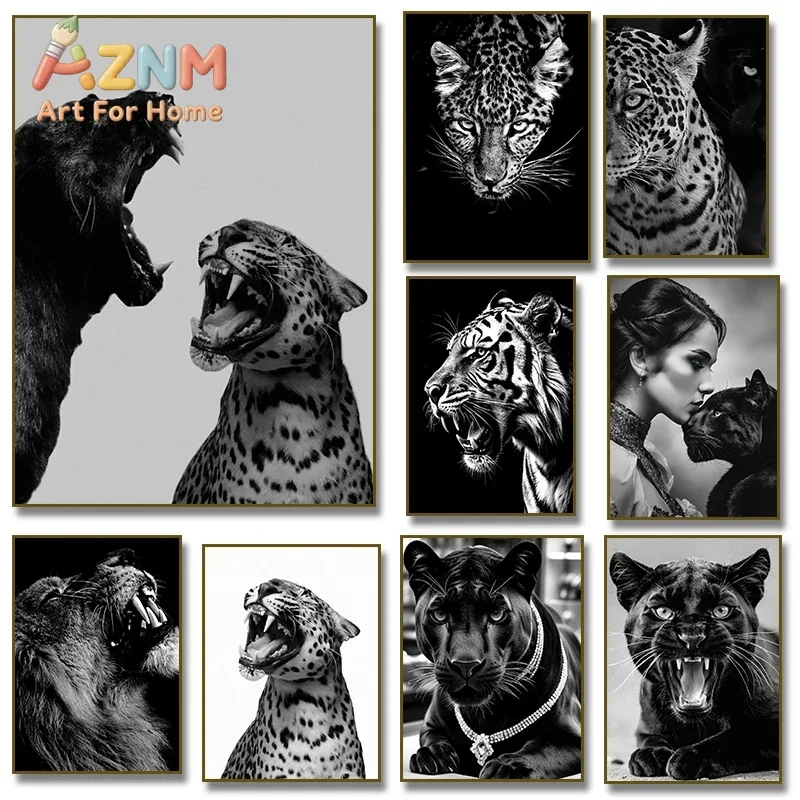 1PCS frameless Canvas paintingLuxury Black & White Tiger Panther Leopard and Jaguar Roar Poster Canvas Painting Print Wall Art P