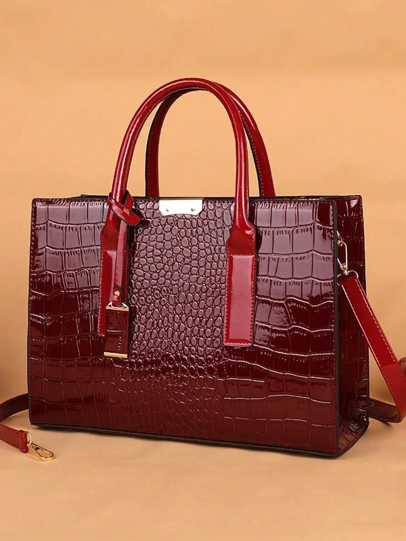 Women’s Crocodile Pattern Large Square Tote Handbag, Stylish Faux Leather Fashion Shoulder Bag with Matching Decor Accessories, Eye‑Catching Spacious Work Purse, Versatile Daily Bag for Office Commute, Business Occasions, Shopping, Dating and Weekend