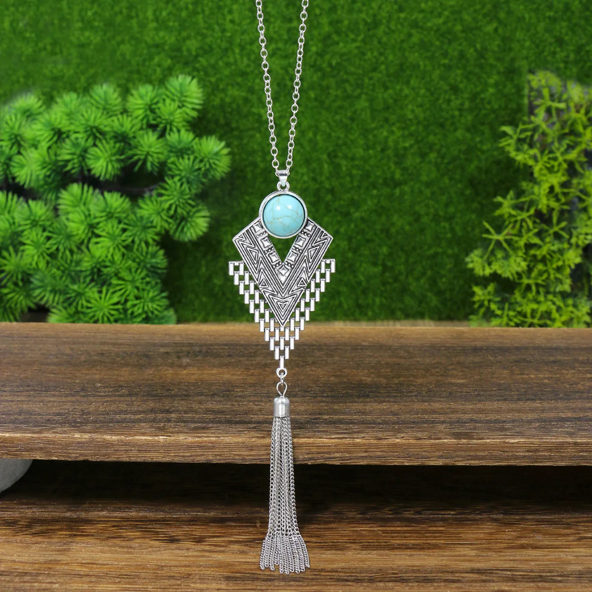 Ethnic Blue Stone Retro Chain Tassel Long Necklace Earring Turkish Gypsy Silver Color Geometric Carved Necklace for Women Party