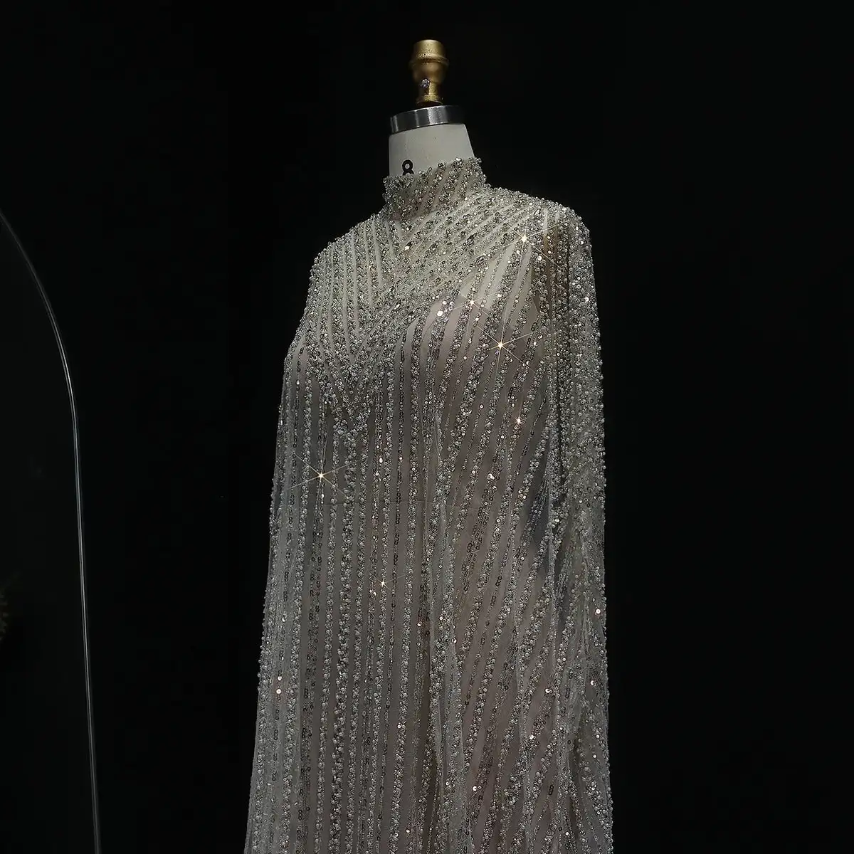 

Customized Elegant Champagne Muslim Evening Dress Women Beaded High Neck Cape Sleeve Formal Prom Gown Luxury Lace Wedding Gown