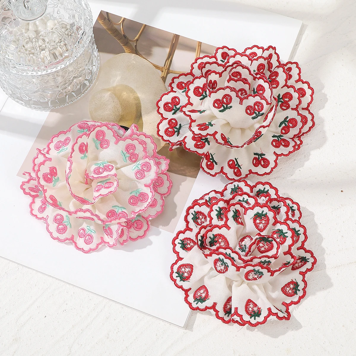 AWAYTR-diademas con diseño de encaje de cereza, accesorios para el cabello para mujer y niño, coleteros elásticos, bandas de goma