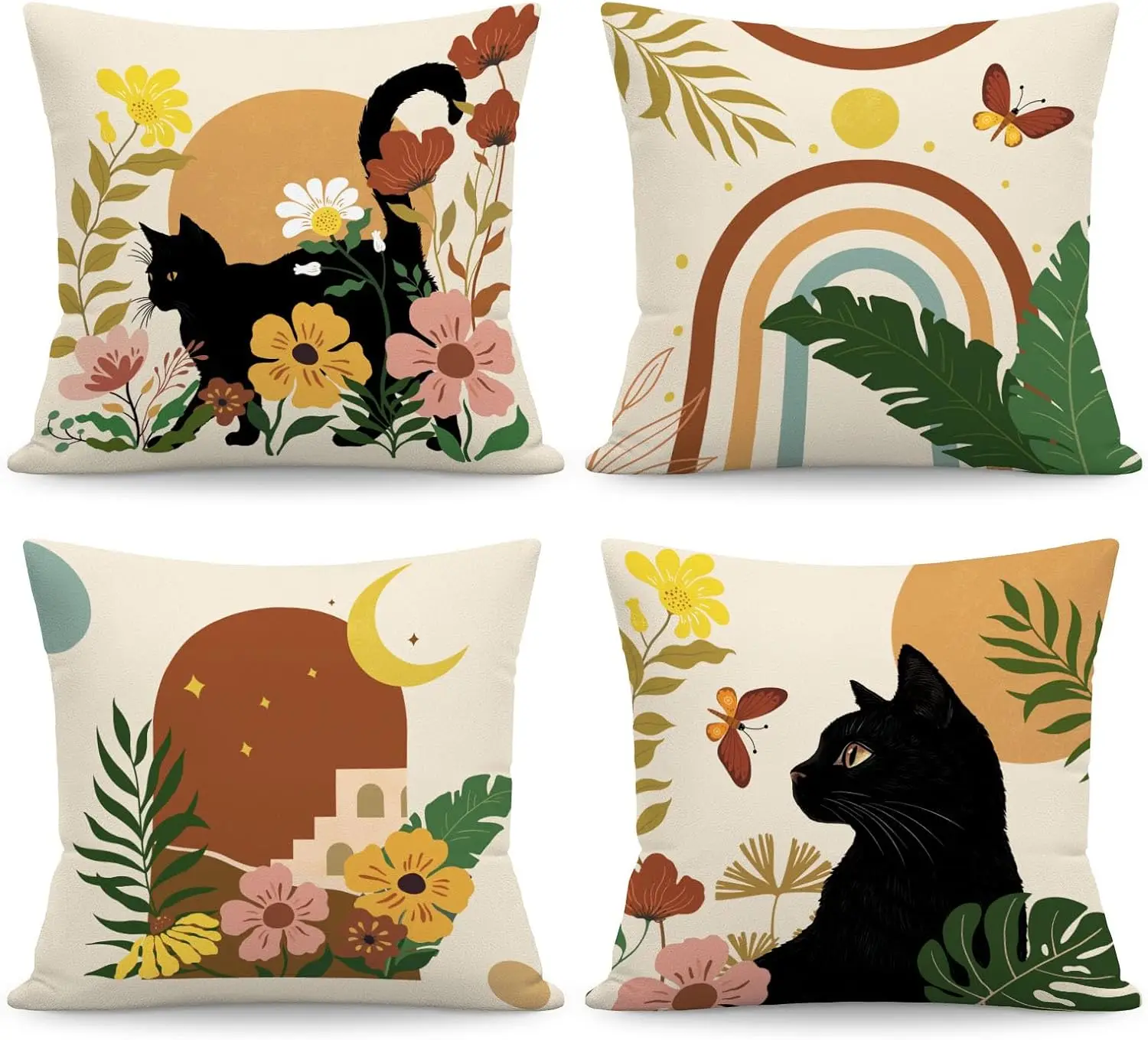 

4 шт. чехлов для подушек с черными кошками и цветочным принтом, ретро-чехлы для подушек с радужным лунным принтом для дивана, спальни, гостиной, 45x45 см