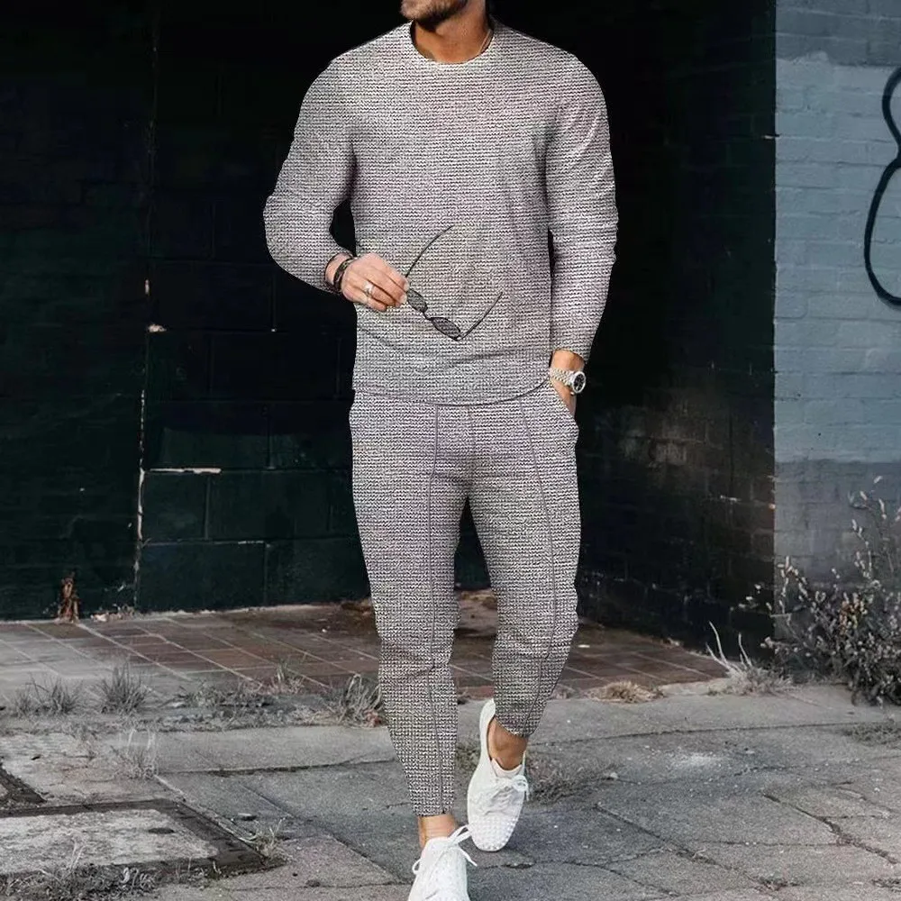 Men\'s spring Fall Waffle casual suit crew neck long sleeve T-shirt top and drawstring pants