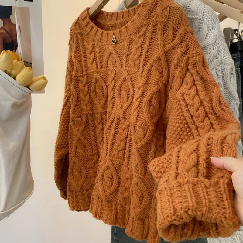 

Nice Korean Vintage O-neck Knitting Sweater Pullover Female New Loose Solid Color Coat Women Clothes All-match Screw Thread Top
