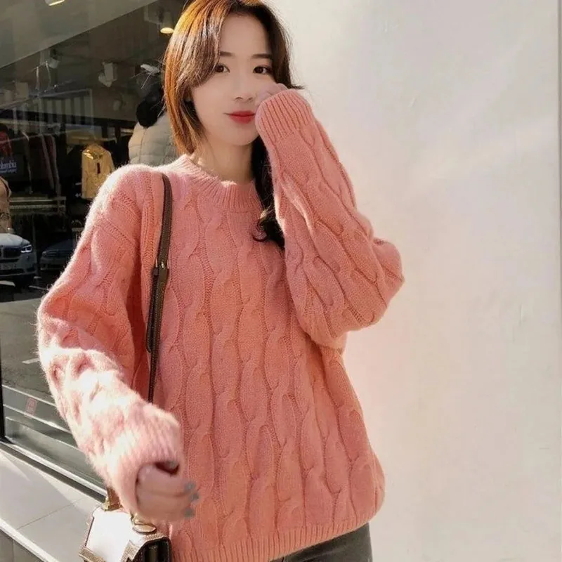 Casual O-neck Knitted Pullovers Sweater Women Spring Autumn Sweet Cute Chic Long Sleeve Woman Lazy Style Streetwear Tops Coat