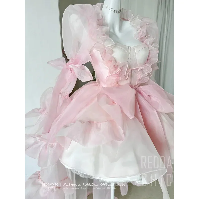 

Kawaii Ruffle Puffy Women 3-piece Set Underskirt Shawl Shrug Princess Pink Mini Evening High Low Dress Lolita Tutu Train