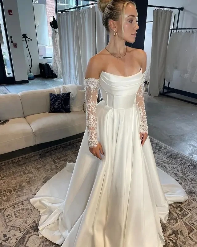 

2025 Simple A-line Wedding Dress Strapless Pleats Court Train Satin Church Bridal Bride Gowns Vestidos De Noiva Robe De Mariage