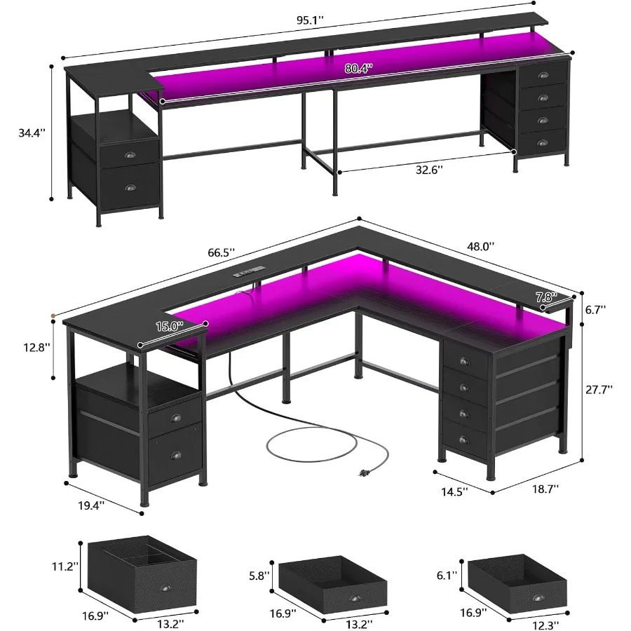 66'' L Shaped Gaming Desk with 6 Drawers, LED, Outlets