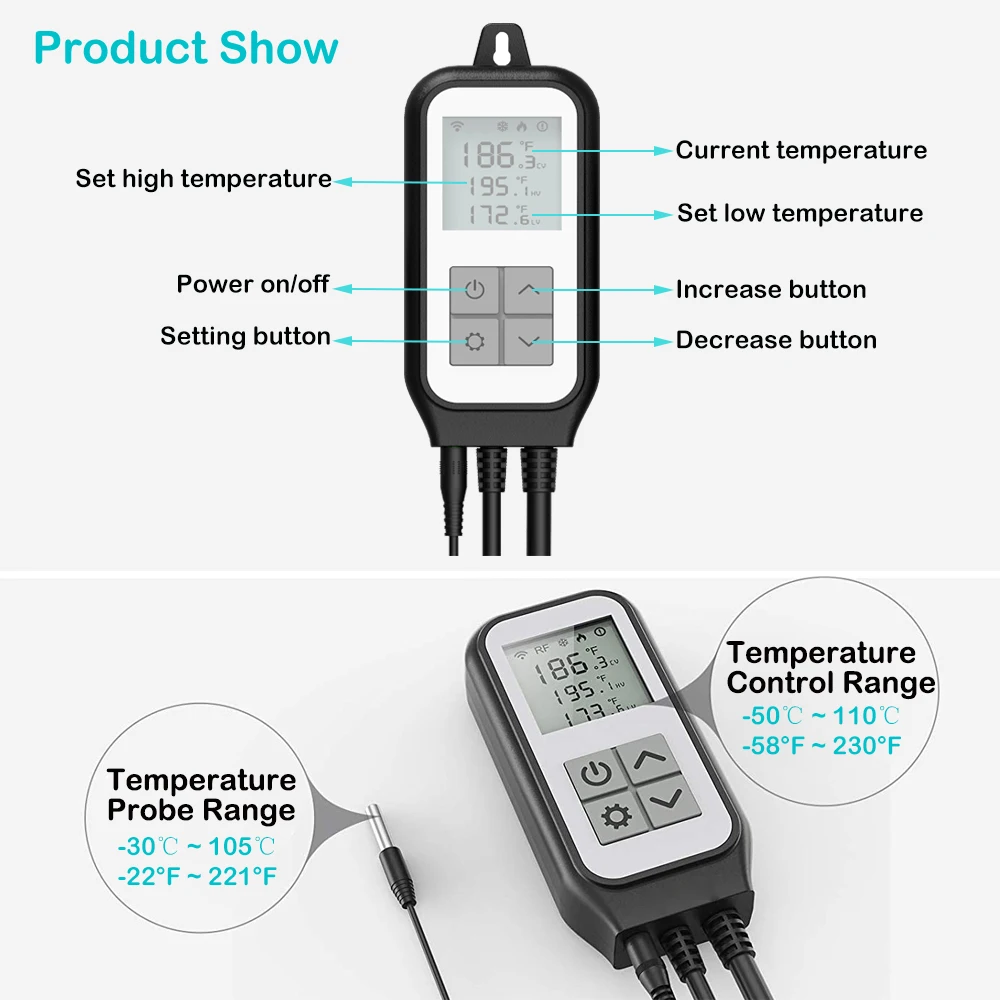 

RSH Tuya Smart Heating and Cooling Dual Relay Temperature Controller for Carboy Fermenter Greenhouse Terrarium Temp Control