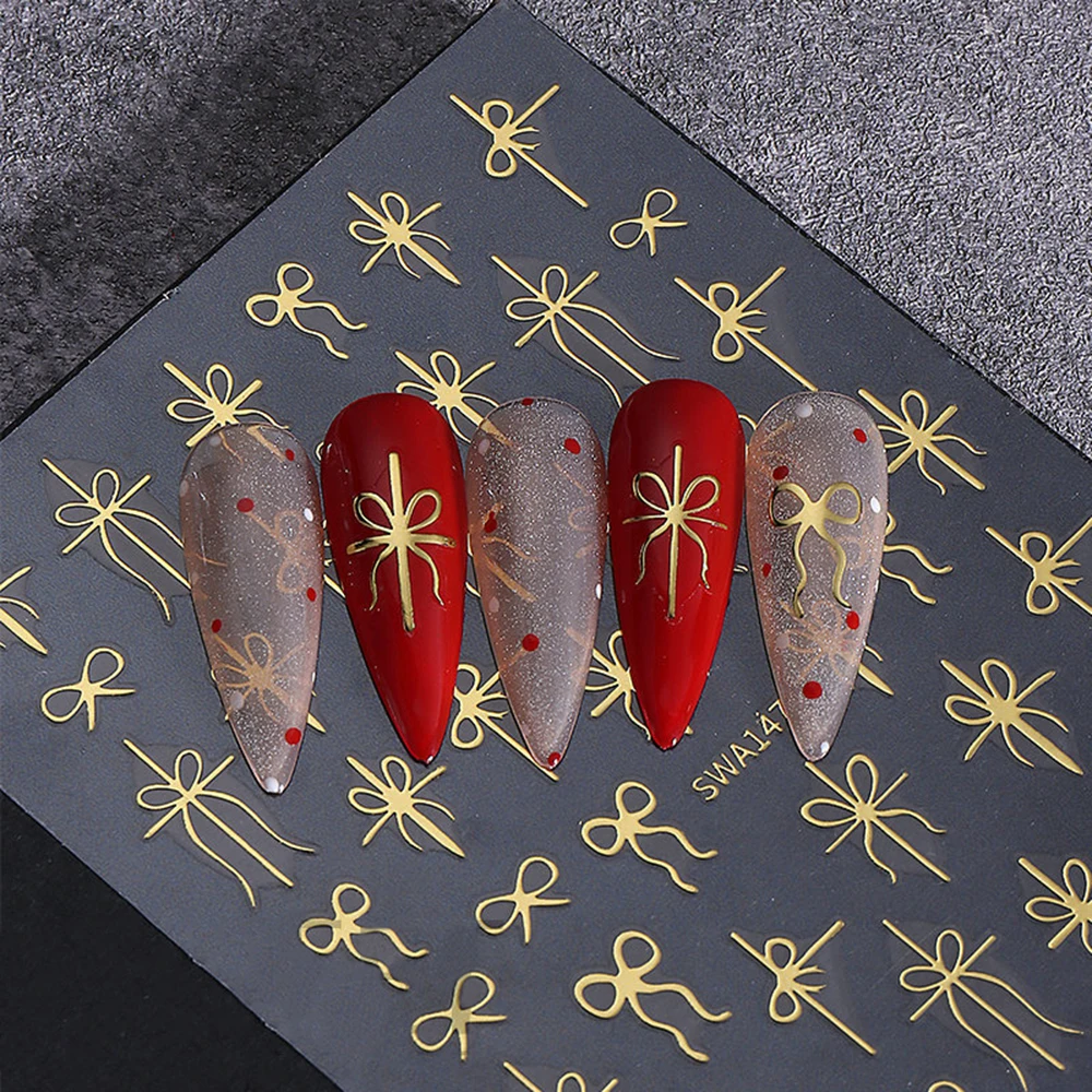 3 أوراق هدية الانحناء ملصقات الأظافر معدنية الذهب الأخضر الأحمر تصميم الشريط البسيط DIY بها بنفسك سحر السنة الجديدة عطلة المتزلجون مانيكير الشارات #5